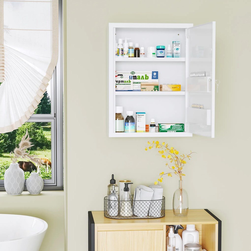 Armário de medicamentos com 2 prateleiras e 3 níveis 40 x 15 x 53,5 cm, porta com fechadura e 2 chaves, branco