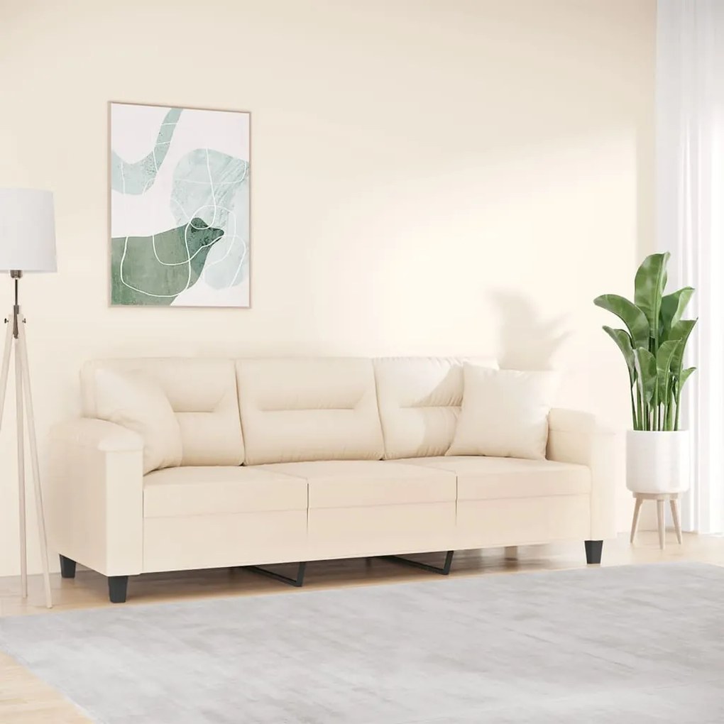 Sofá 3 lugares c/ almofadas 180 cm microfibra bege