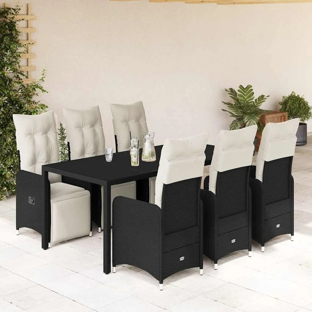 vidaXL 7 pcs conjunto de bistrô p/ jardim c/ almofadões vime PE preto