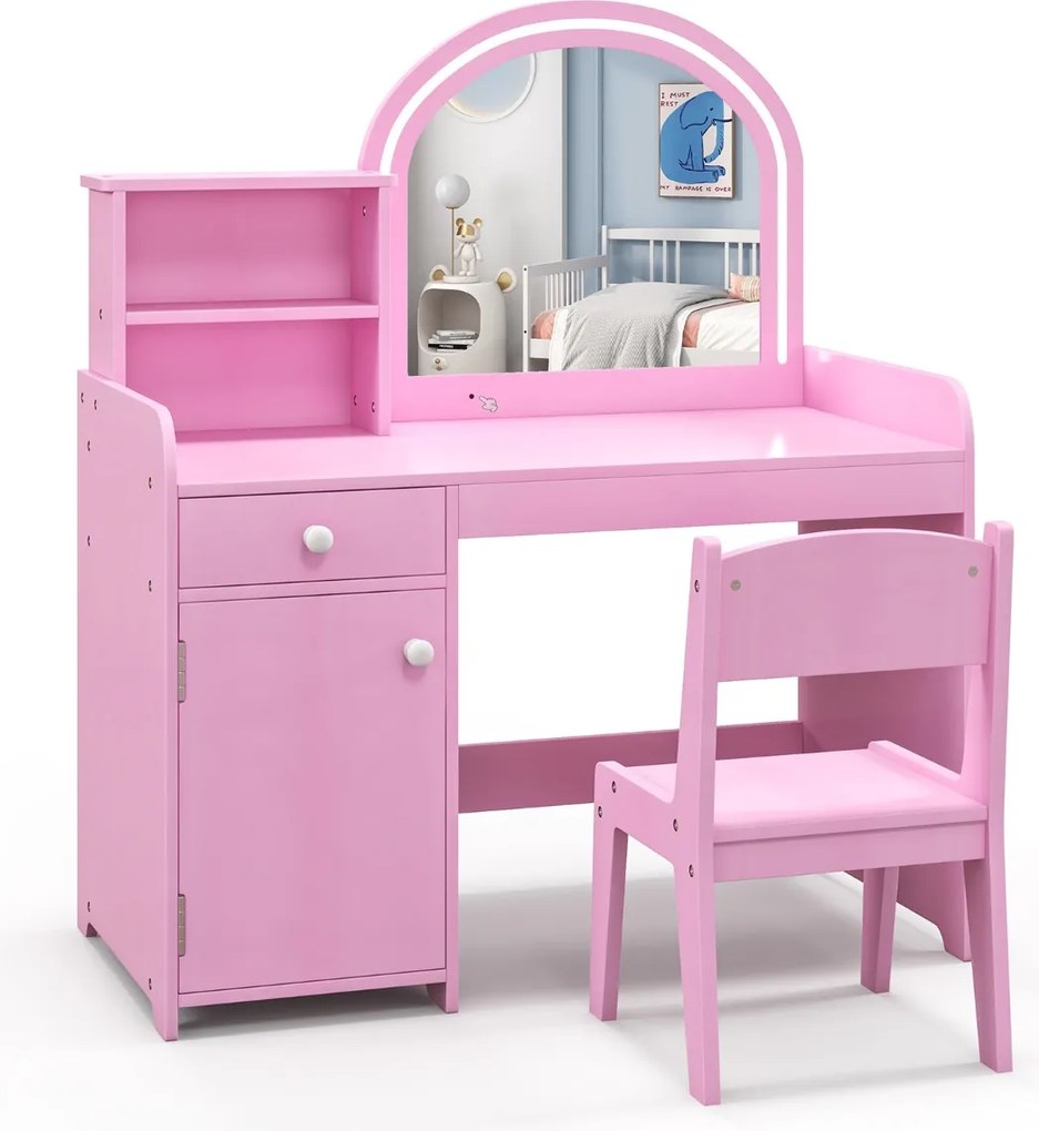 Conjunto de Toucador e cadeira para crianças com prateleira, gaveta e porta Luzes LED de 2 cores Espelho acrílico e pente rosa