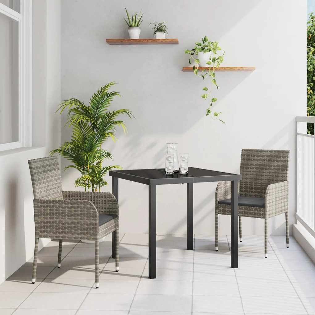 vidaXL Conjunto de Jantar de Jardim de 3 Peças com Almofadas Cinzento Rattan PE