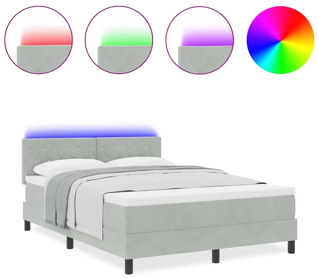 Cama Box Spring vidaXL com Colchão e Luz LED Cinza Claro 160x200 cm Ve