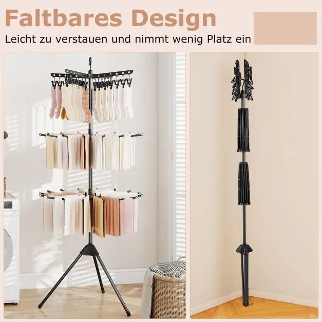 Esrendal de roupa dobrável de 3 níveis 178 cm, 24 clipes e 32 varões, preto.