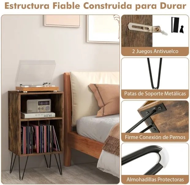 Suporte para discos de 3 níveis Mesa de armazenamento de discos com estação de carregamento Estante 4 divisórias 48 x 40 x 88 cm Castanho rústico