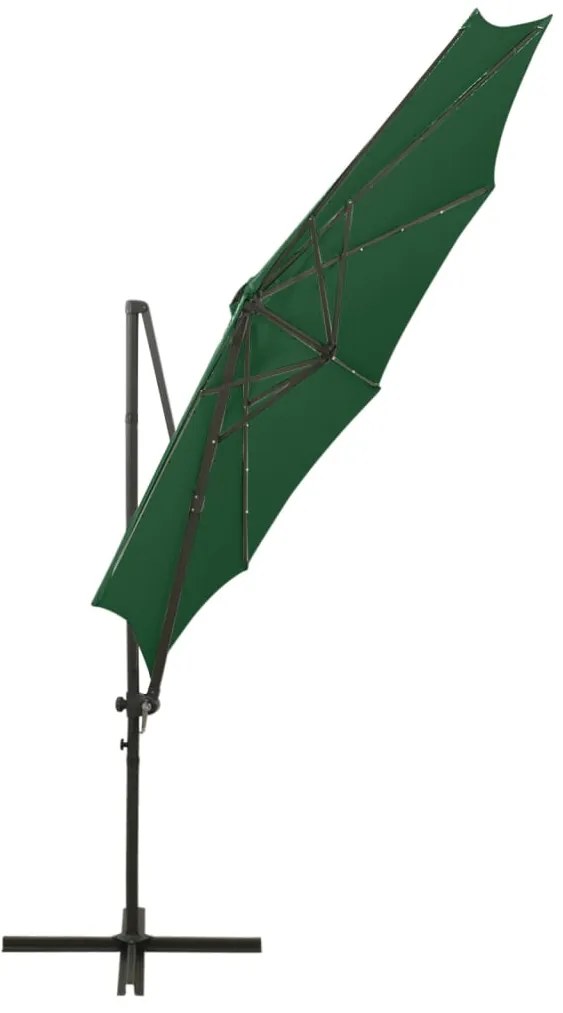 Guarda-sol jardim cantilever c/ poste e luzes LED 300 cm verde