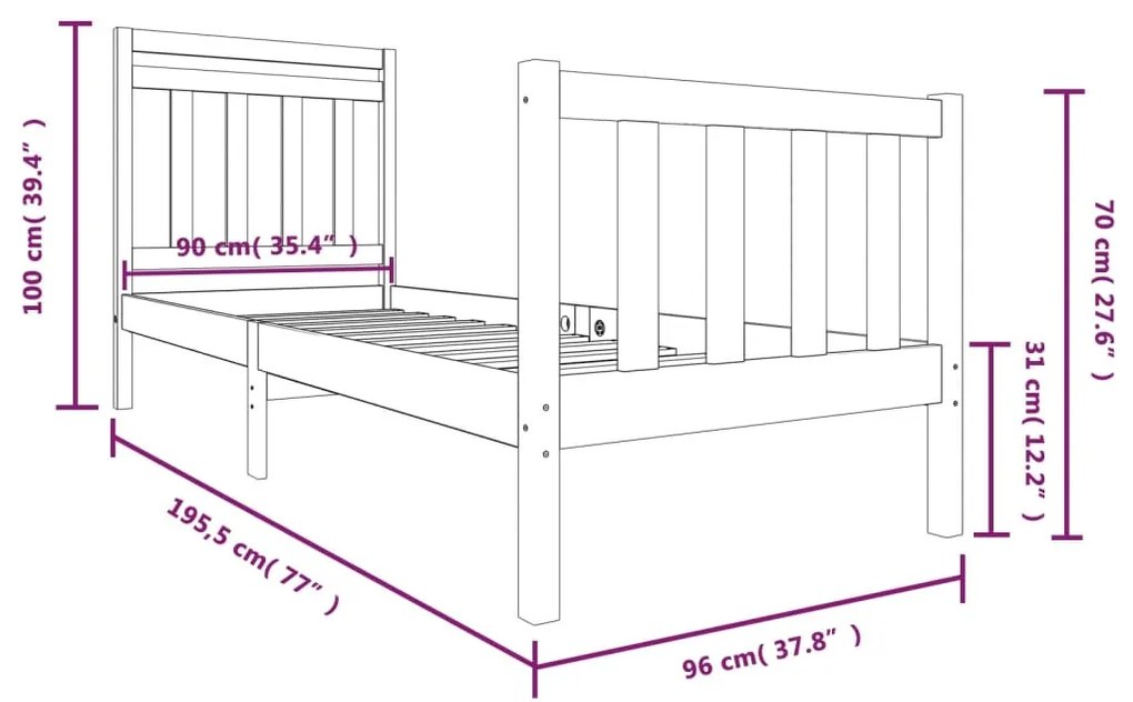 Estrutura de cama solteiro 90x190 cm madeira maciça preto