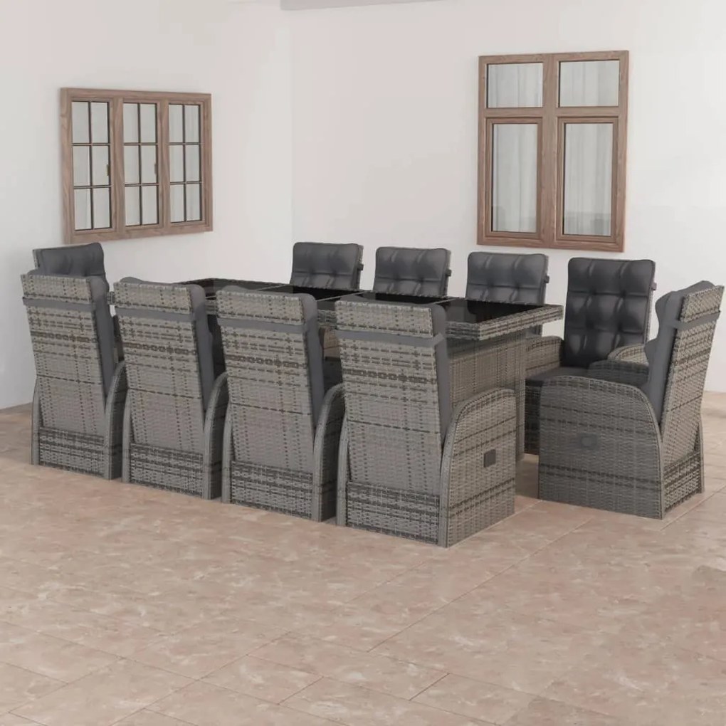 vidaXL 11 pcs conjunto jantar exterior c/ almofadões vime PE cinzento