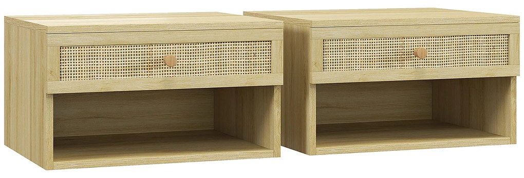 HOMCOM Conjunto de 2 Mesas de Cabeceiras Suspensas com Compartimento Aberto e Gaveta com Frente em Vime 40x34x23 cm Madeira | Aosom Portugal