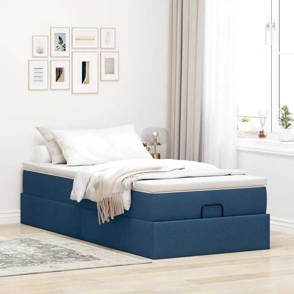 Estrutura de cama otomana com colchão tecido azul 90x200cm