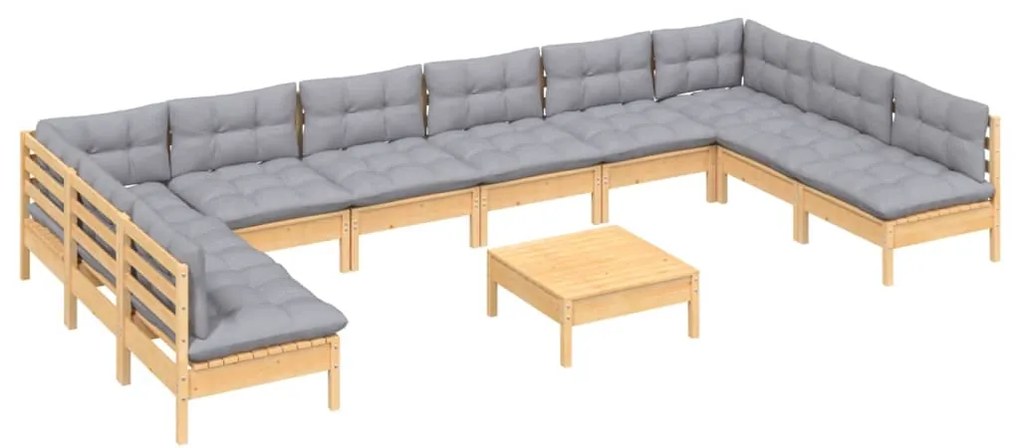 11pcs conjunto lounge de jardim + almofadões cinza pinho maciço