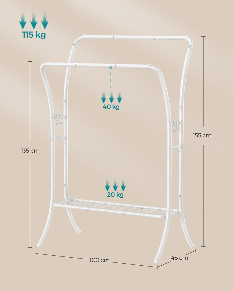 Guarda roupa com 2 varões para roupa em metal 46 x 100 x 155 cm com prateleira branco