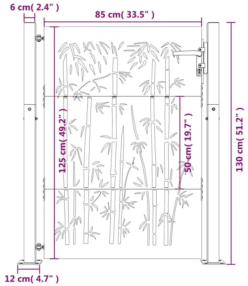 Portão de jardim 105x130 cm aço corten design bambu