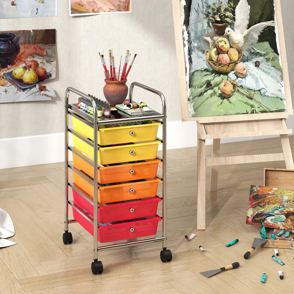 Carrinho de Armazenamento com 6 Gavetas, 33 x 38 x 66 cm, Rodas com Travão, Multicolor