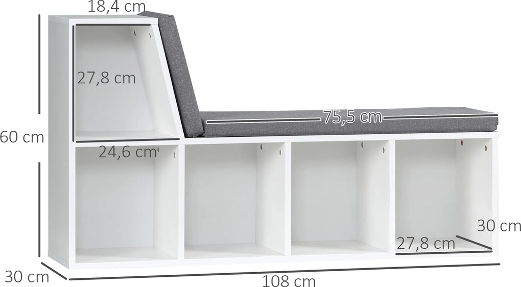 Banco 2 em 1 com 5 compartimentos de arrumação e 2 almofadas, 108 x 30 x 60 cm, branco e cinzento