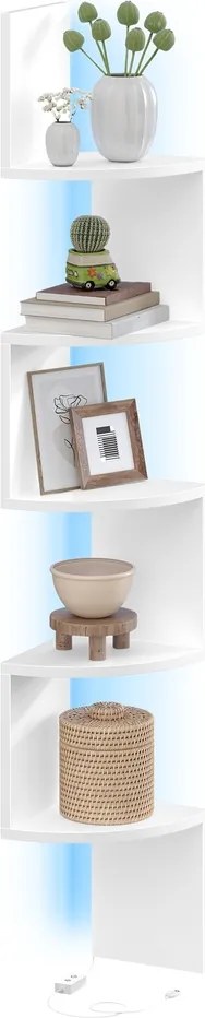 Prateleira de canto com iluminação LED 20 x 20 x 126 cm, estante de parede com 5 prateleiras, comando à distância branca
