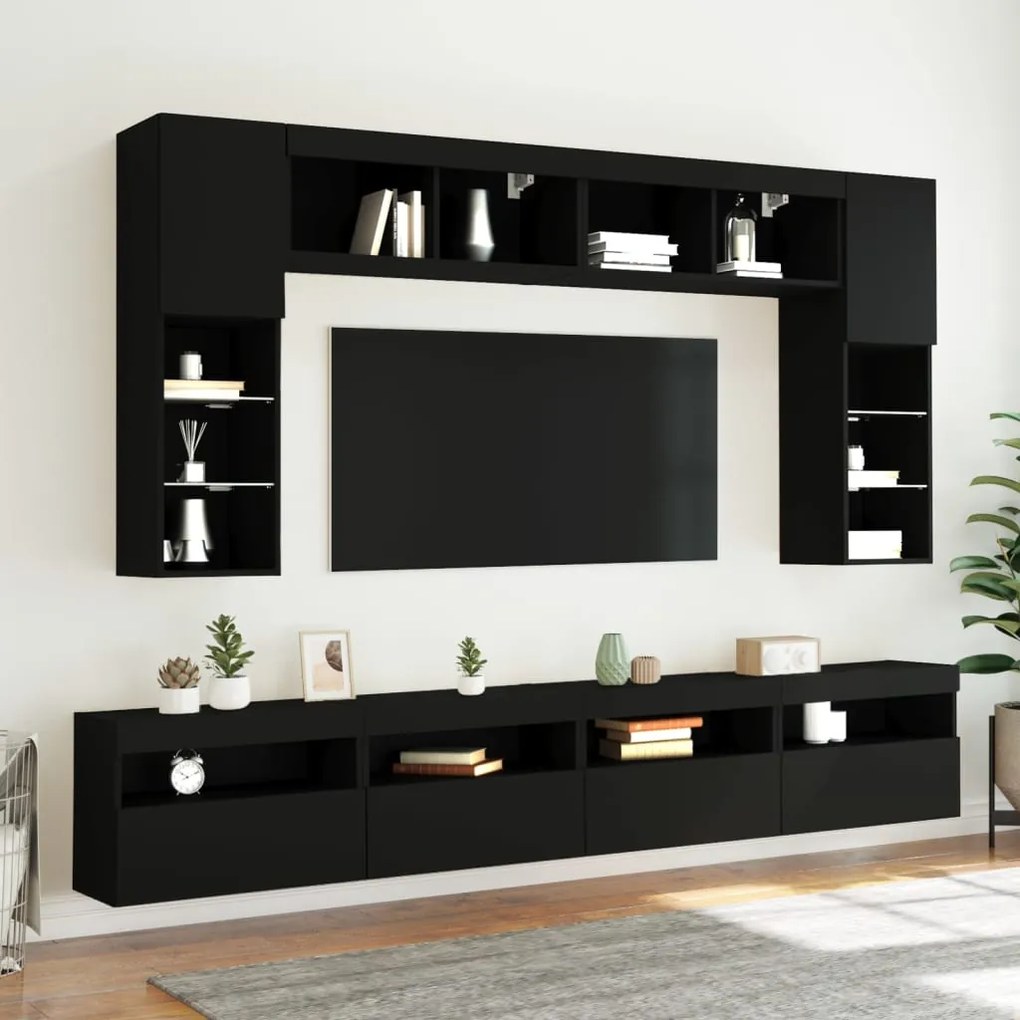 8 pcs conjunto de móveis de parede para TV com luzes LED preto
