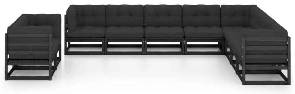 10 pcs conjunto lounge jardim c/ almofadões pinho maciço preto