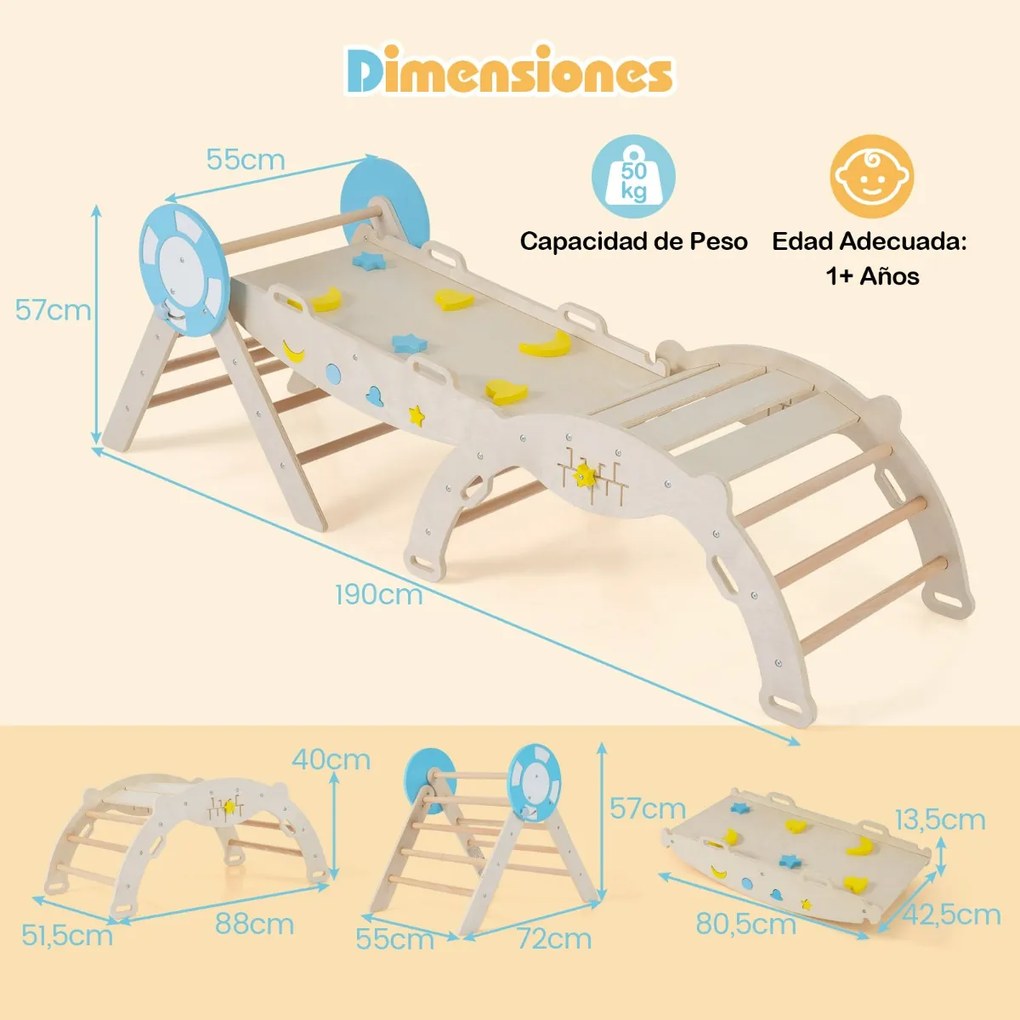 Conjunto triangular 8 em 1 de escalada para bebés com rampa, escada e arco de escalada Montessori de madeira Natural