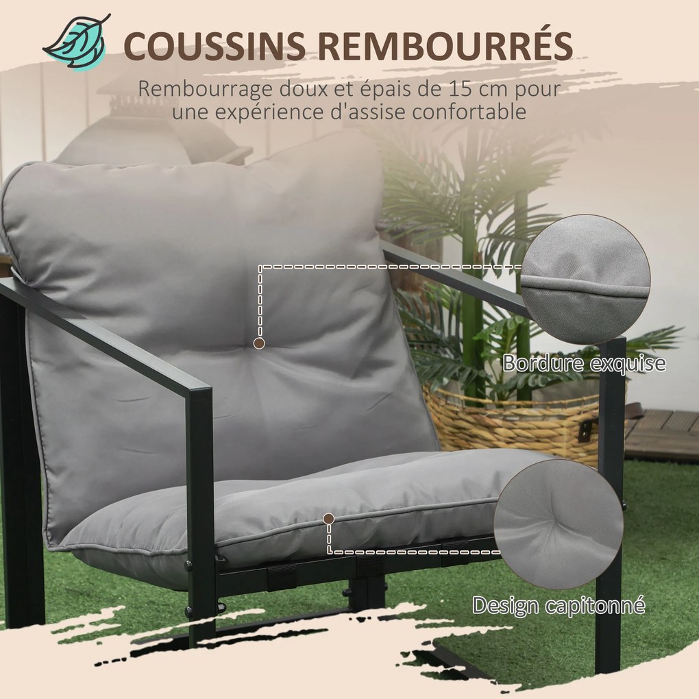 Conjunto de jardim de 4 peças para 4 pessoas, com sofá de 2 lugares, 2 poltronas e 1 mesa de centro cinzenta