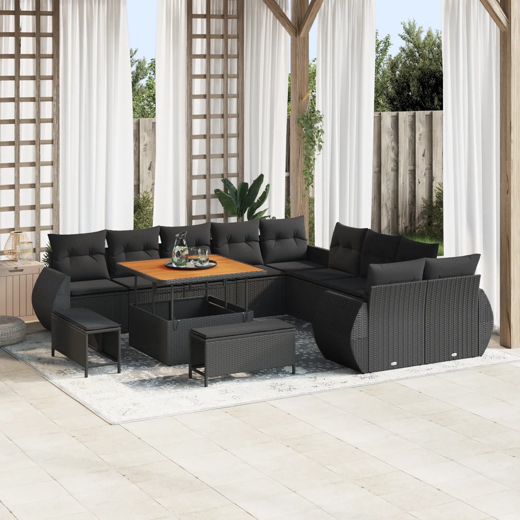 Conjunto de Sofá de Jardim com Almofadas de 13 Peças Preto Polirattan