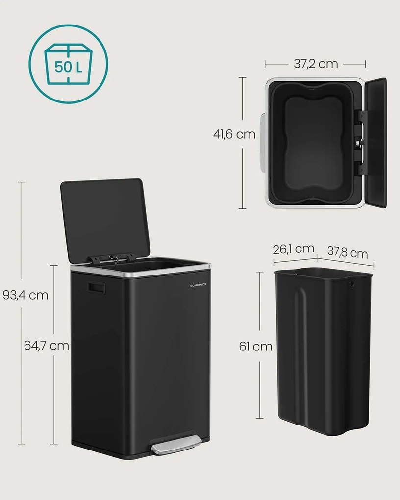 Caixote do lixo 50 L com tampa e pegas 41,6 x 37,2 x 64,7 cm, preto