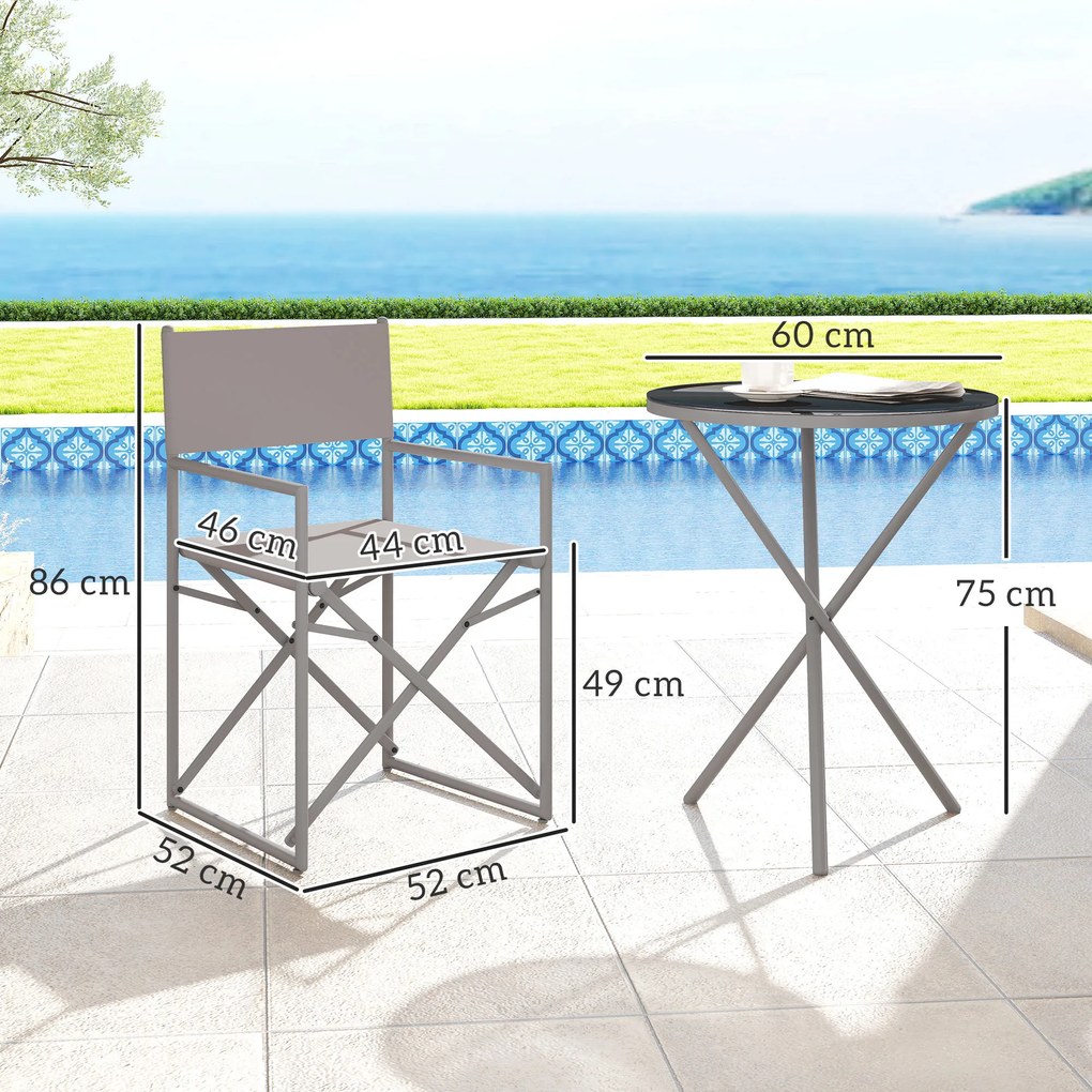 Conjunto de Móveis de Jardim de 3 Peças com 2 Cadeiras Dobráveis Mesa com Bancada em Vidro Temperado Cinza Escuro