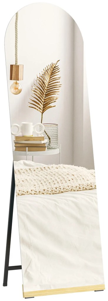 HOMCOM Espelho de Pé Curvado 160x50 cm Espelho de Corpo Inteiro sem Moldura Base de Madeira para Sala Quarto Corredor Entrada Prata e Preto