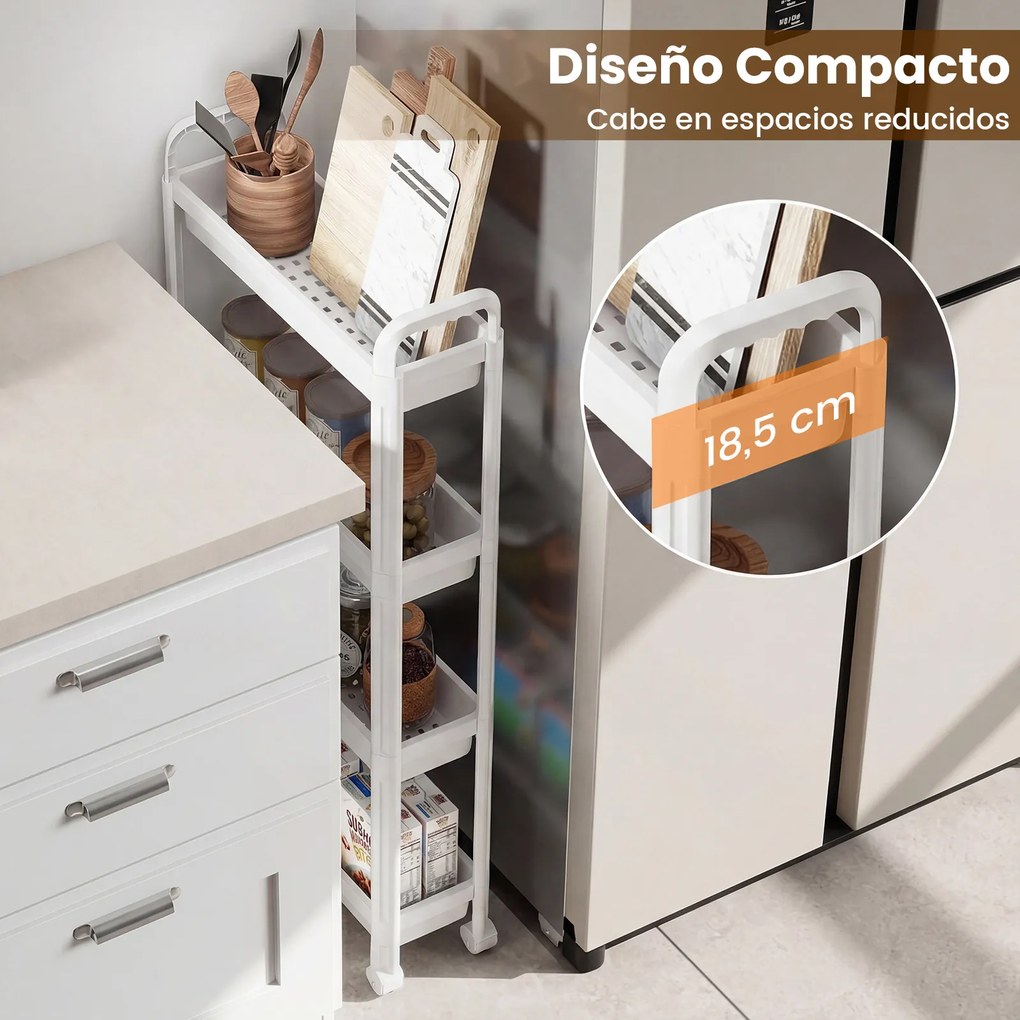 Carrinho estreito de 4 níveis com rodas e pegas 54 × 18,5 × 103 cm Organizador móvel para cozinha, casa de banho, lavandaria e escritório Branco
