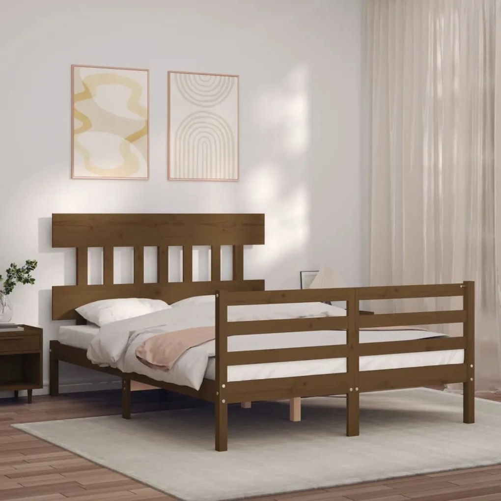 Estrutura de cama dupla pequena 4FT madeira maciça castanho-mel