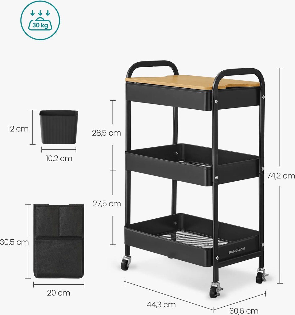 Carrinho de cozinha com 3 prateleiras com grelha metálica 30,6 x 44,3 x 74,2 cm Preto