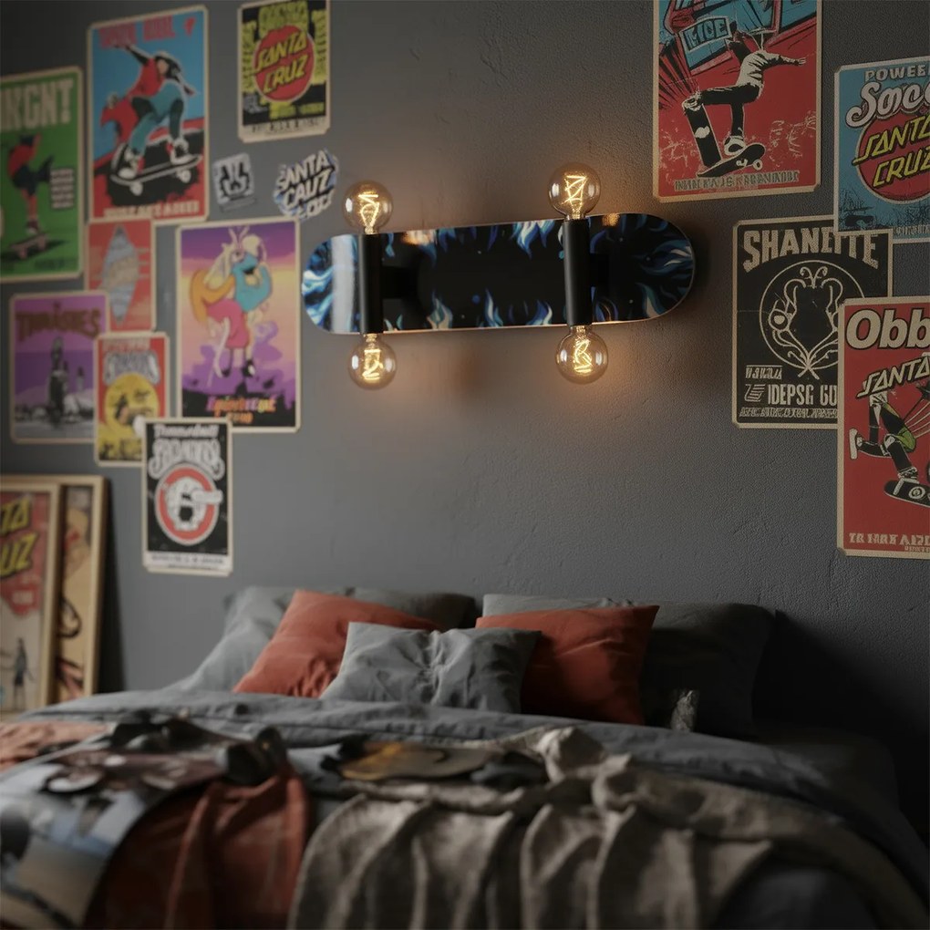 Candeeiro de parede preto com azul 80cm - Skateboard