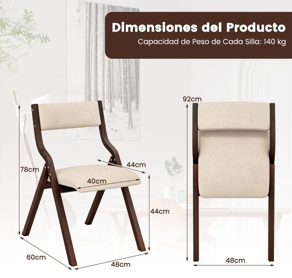 Conjunto de 2 cadeiras dobráveis (MESA NÃO INCLUIDA) de madeira com assento acolchoado em tecido de linho, sem braços, para convidados, 48 x 60 x 78 c
