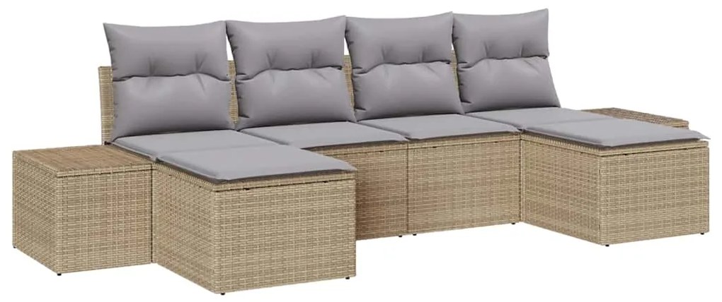 Conjunto de Sofás de Jardim de 6 Peças com Almofadas Bege Rattan Polié