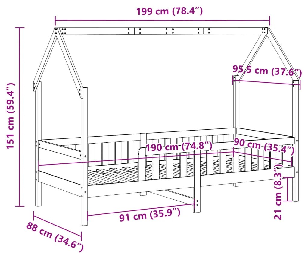 Cama infantil formato de casa 90x190 cm pinho maciço branco