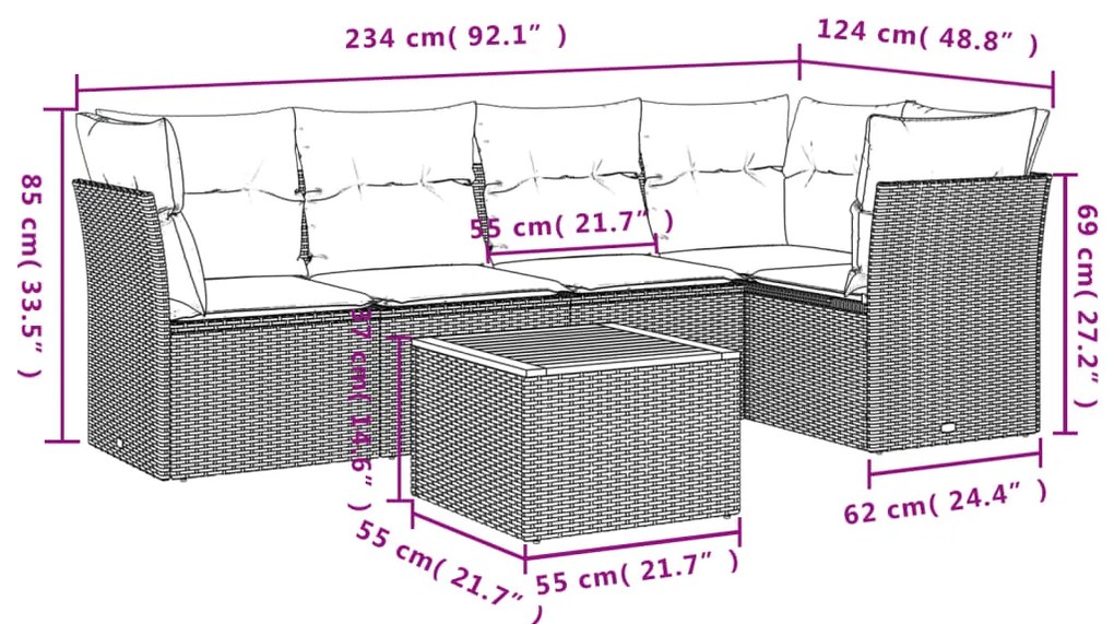 6 pcs conjunto sofás de jardim com almofadões vime cinzento
