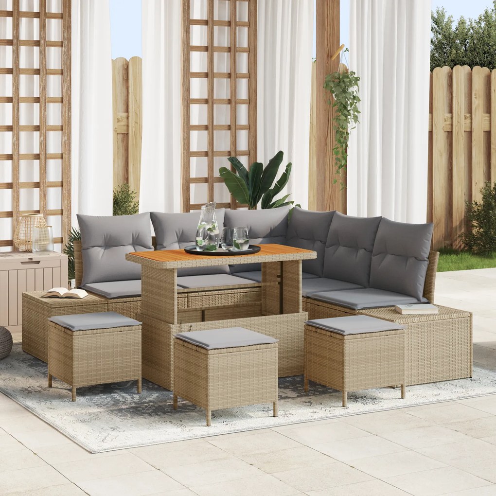 Conjunto de Sofá de Jardim de 9 Peças com Almofadas Bege em Vime Acácia vidaXL