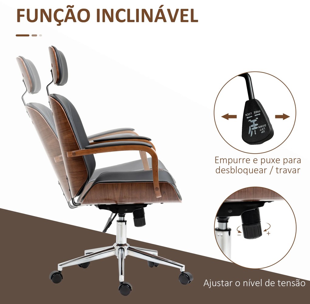 Vinsetto Cadeira de Escritório Operativa de Couro PU com Apoio para a Cabeça Amovível Altura Ajustável 63x62x110-120cm Preto e Madeira