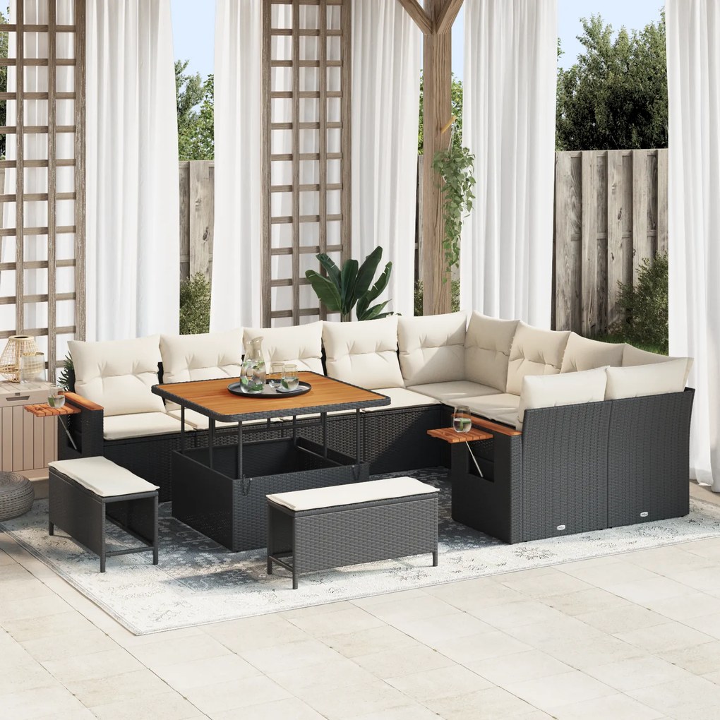 Conjunto de Sofá para Jardim vidaXL com 12 Peças e Almofadas Preto Poliratã Acácia