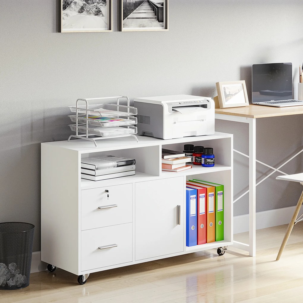 Suporte para impressora com 2 gavetas 100 x 35 x 65 cm, móvel de arrumação com rodas, prateleiras abertas e armário, branco