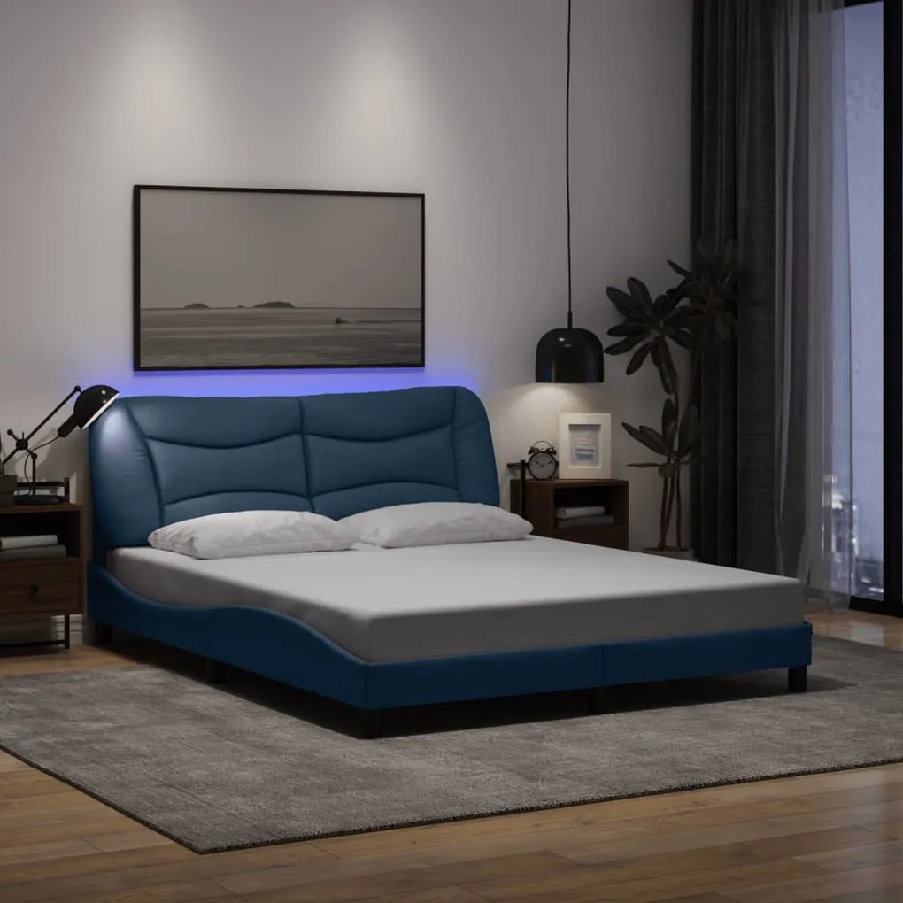 Estrutura de cama com LED sem colchão 160x200 cm tecido azul
