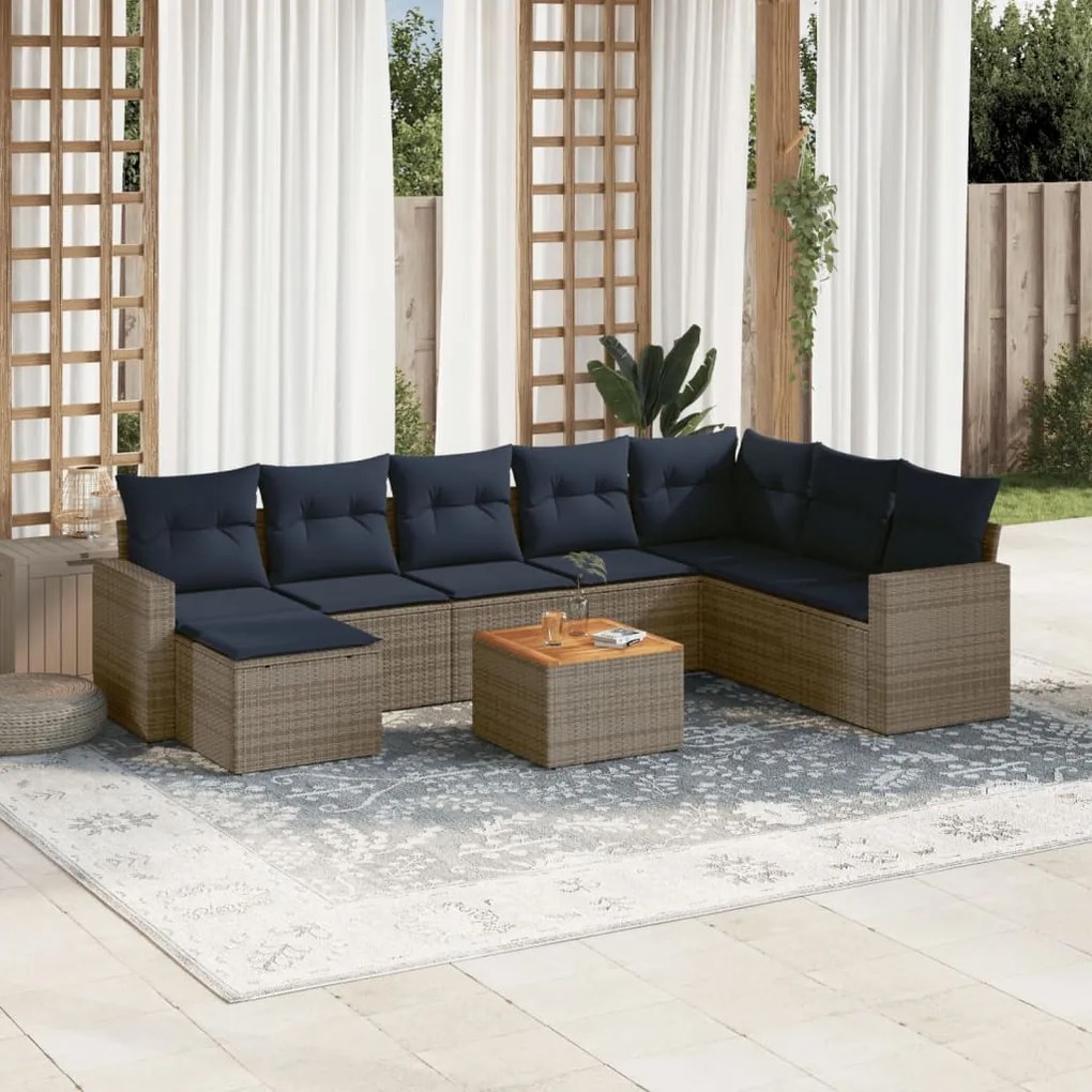 vidaXL 9 pcs conjunto sofás p/ jardim c/ almofadões vime PE cinzento