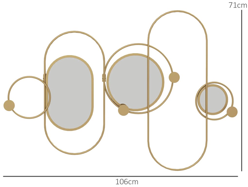 Cabide de Parede com 4 Ganchos e 3 Espelhos Decorativos para Pendurar Casacos Bolsas para Entrada Corredor 106x71 cm Dourado