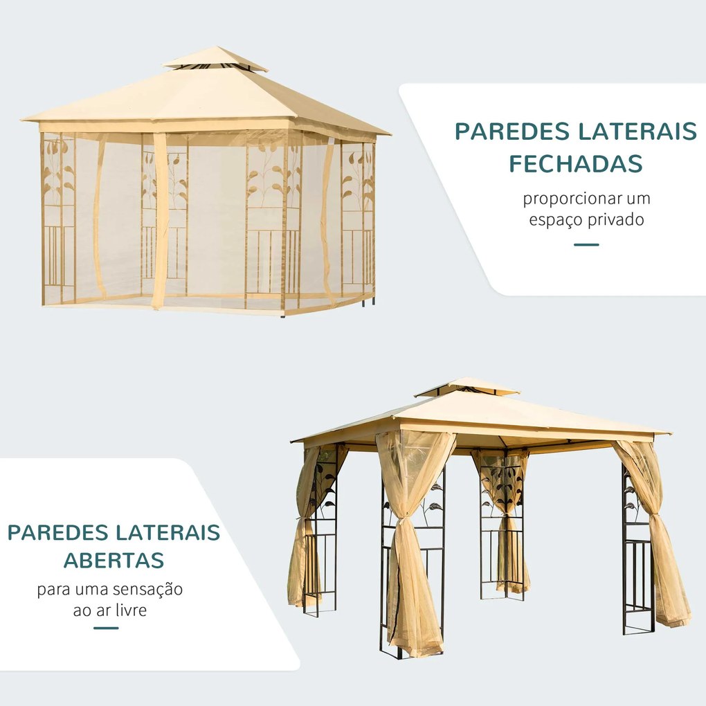 Pérgola de Jardim com Estrutura de Aço Teto Duplo 6 Cortinas Laterais 8 Orifícios de Drenagem 300x400x280 cm Creme