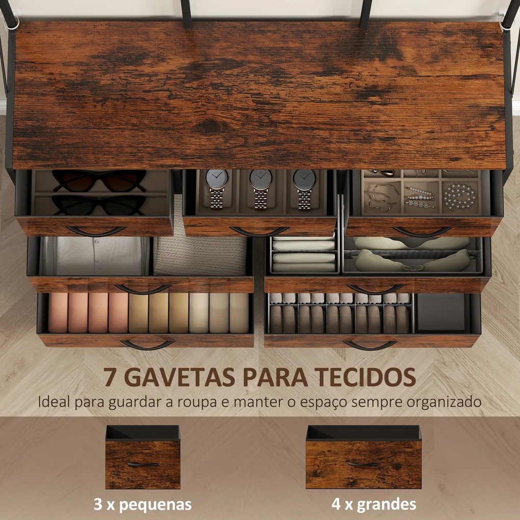 Suporte para Cabides Móvel de Arrumação com Sapateira 14 Ganchos 7 Gavetas de Tecido e Prateleira 100x30x183 cm Castanho Rústico