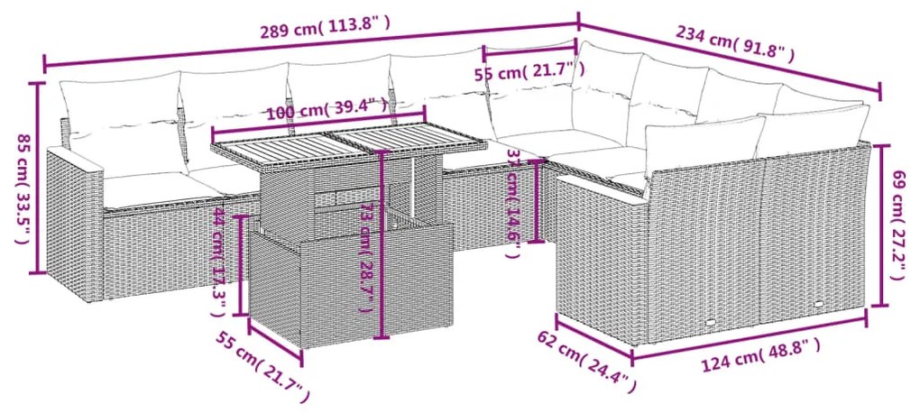 10 pcs conjunto sofás de jardim c/ almofadões vime PE preto