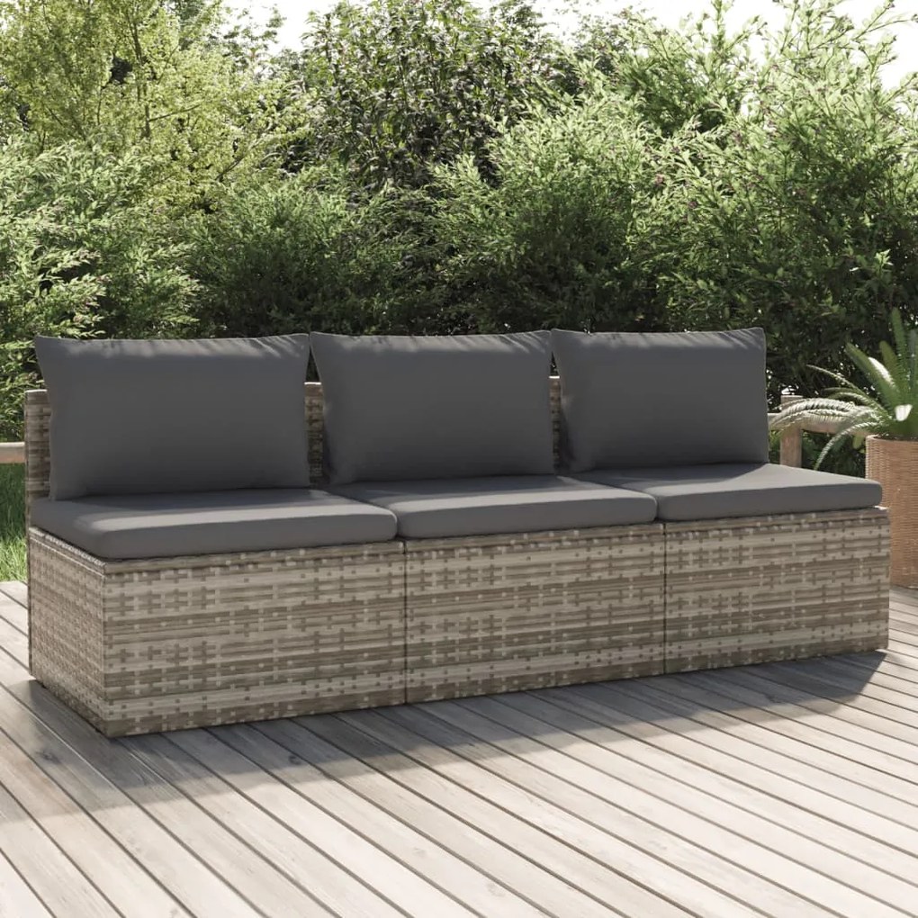 vidaXL Sofá de jardim de 3 lugares com almofadões vime PE cinzento