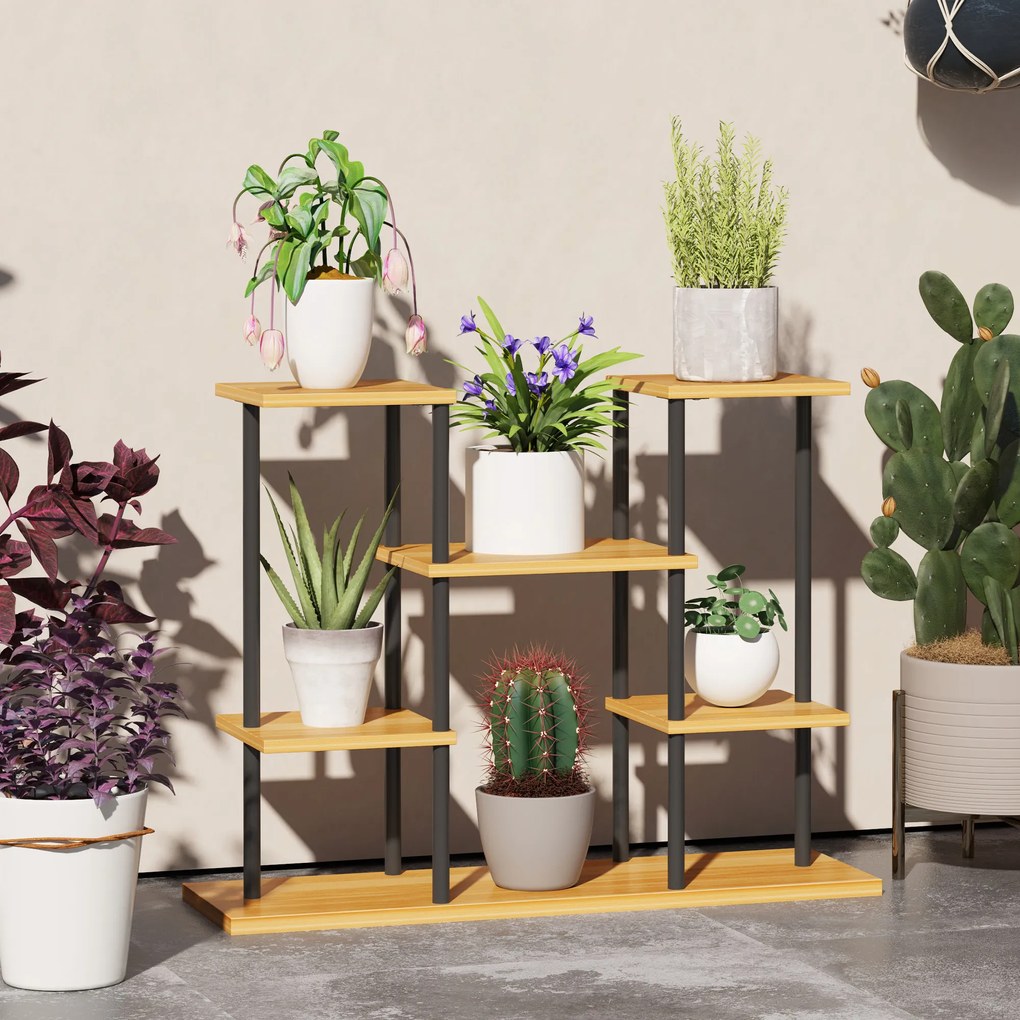 Suporte para plantas de interior com 6 prateleiras, estrutura em aço e base em madeira maciça, 80 x 24 x 61,5 cm, madeira natural