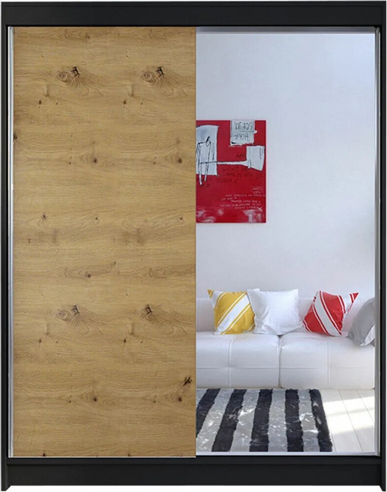 Roupeiro Closico Vastor I, Carvalho Artisan, Preto, 200x150x58cm, 125 kg, Portas para roupeiro: Deslizante, Número de prateleiras: 5, Número de prateleiras: 5