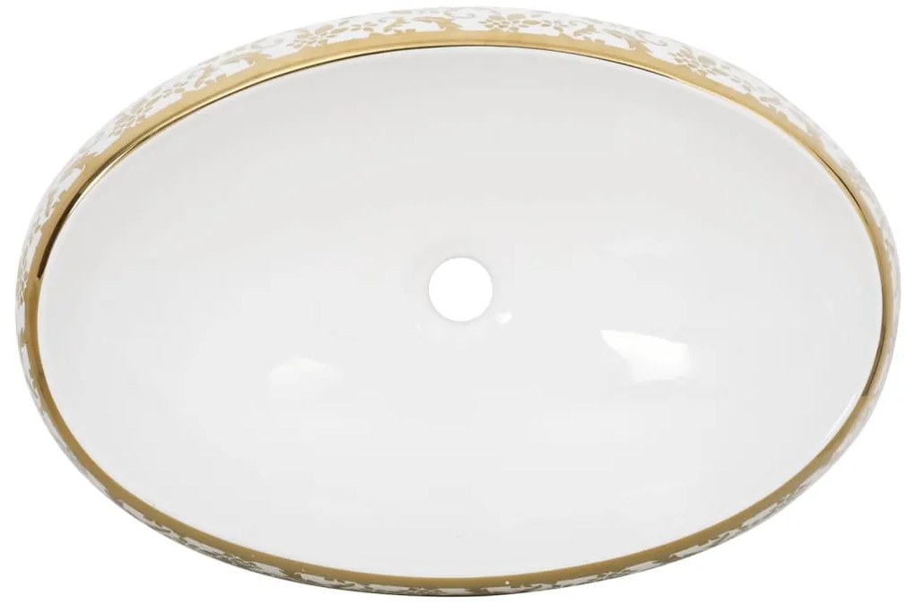 Lavatório de bancada oval 59x40x15 cm cerâmica branco e dourado