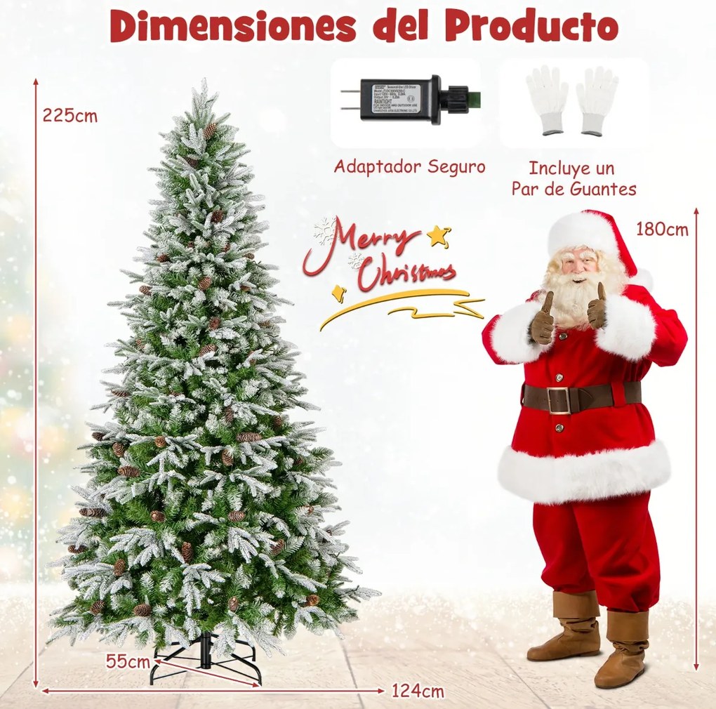 Árvore de Natal artificial de 225 cm com 470 luzes LED Neve simulada 1135 ramos articulados 81 pinhas verde